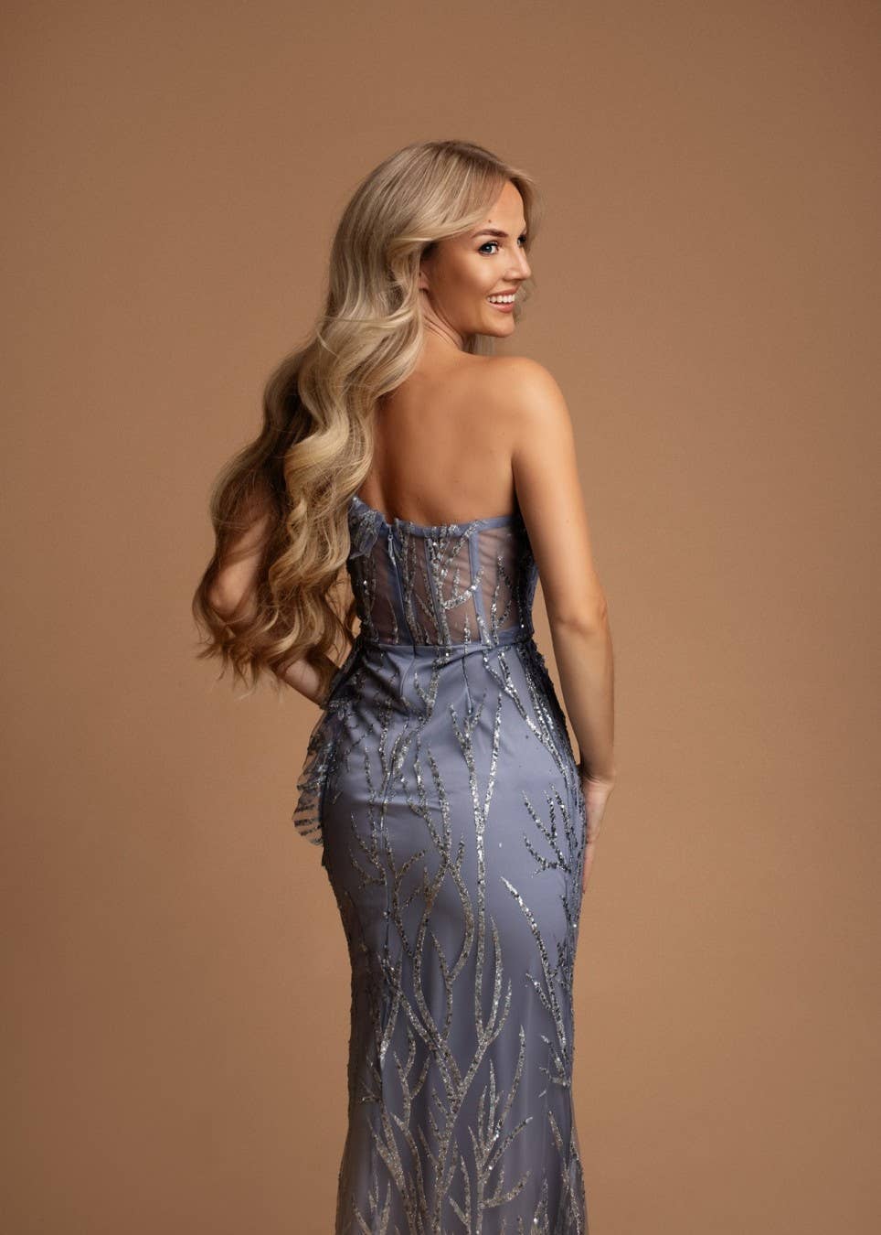 Lange jurk met lovertjes: Grijs Galajurk strapless